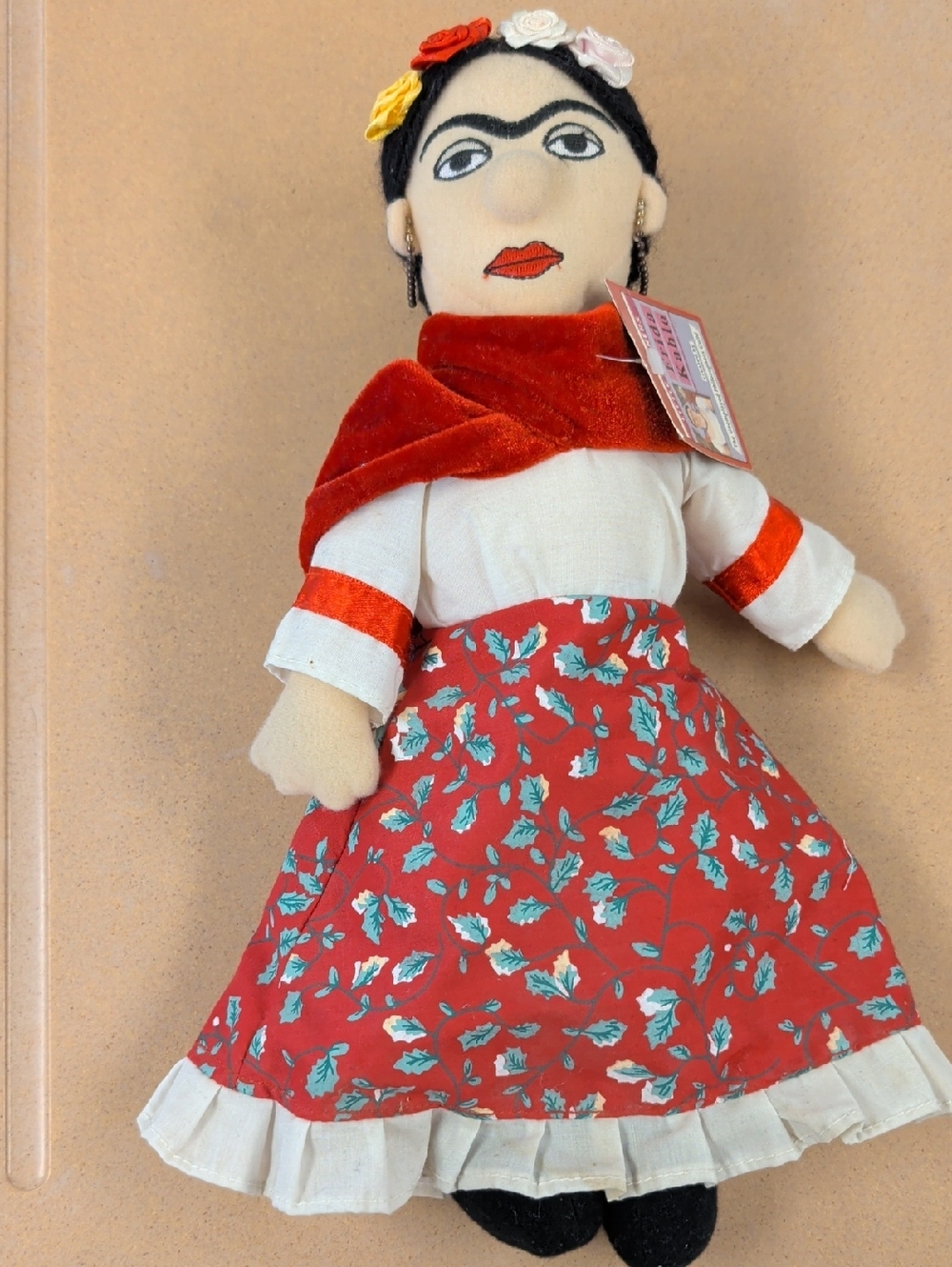 BRIGHT PINK cloth doll inspired by Frida Kahlo W floral skirt with white ruffle.